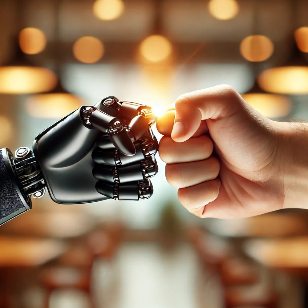 A robotic hand fist-bumping a human hand